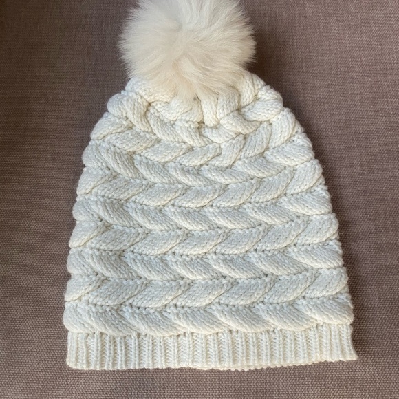 UGG White Knit Beanie Hat with Faux Fur Pom Pom